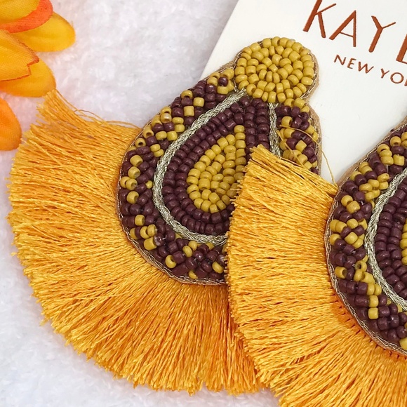 Large Boho Seed Bead Fan Tassel Post Drop Earrings - Picture 2 of 5